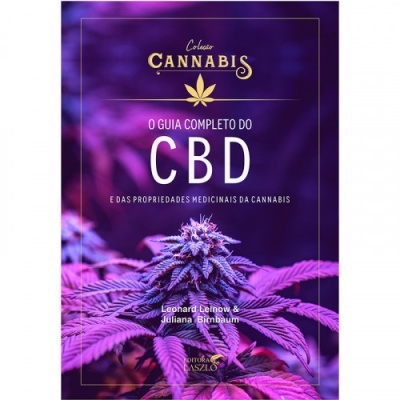Capa de livro com planta de cannabis e texto sobre guia completo do CBD