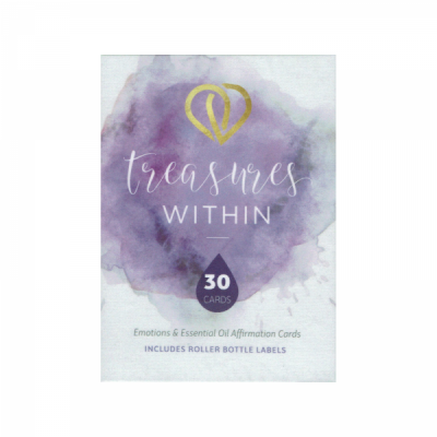 Caixa branca com mancha roxa e texto 'treasures WITHIN' com logo dourado de coração