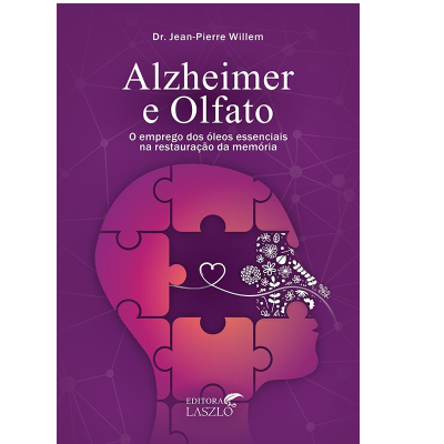 Capa de livro roxa com texto Alzheimer e Olfato e imagem de perfil de rosto em puzzle