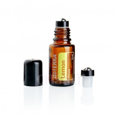 Frasco de óleo essencial dōTERRA Lemon com roll-on e tampa preta ao lado