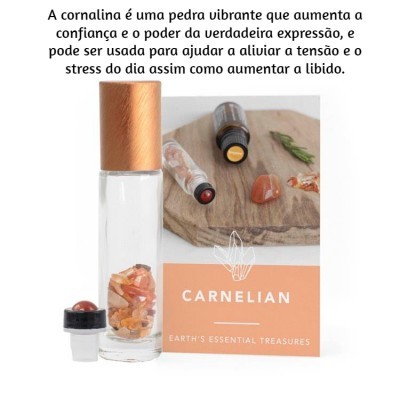 Frasco com pedras cornalina e cartão informativo