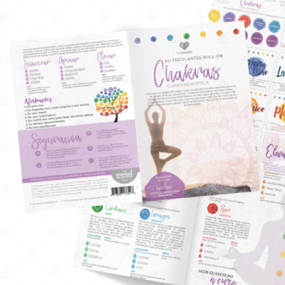 Folhetos e embalagem de roll-on Chakras com texto em português e ilustrações coloridas de chakras
