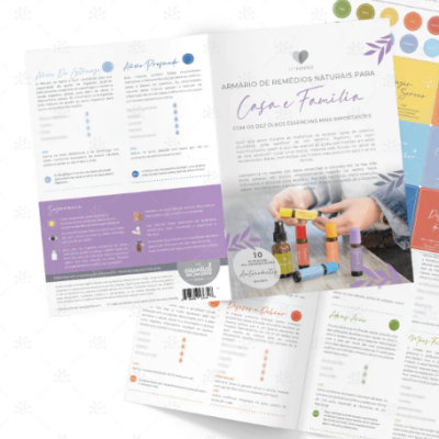 Folhetos informativos sobre óleos essenciais com textos, gráficos e fotografia de mãos a montar estrutura com frascos