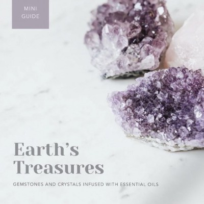 Pedras preciosas lilás e branco com texto sobre superfície branca