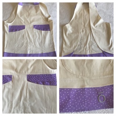 Avental bege com detalhes lilás com estrelas brancas e bolsos frontais