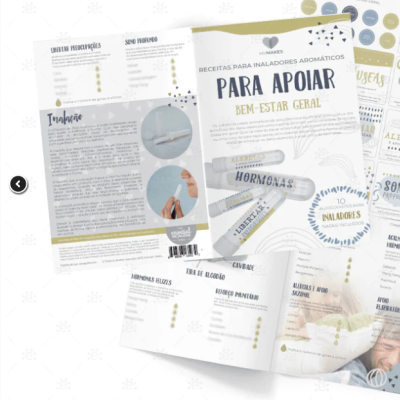 Folhetos sobre inaladores aromáticos para bem-estar geral com imagens de frascos etiquetados