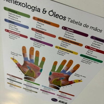 Cartaz de reflexologia e óleos essenciais com diagramas coloridos de mãos e texto em português