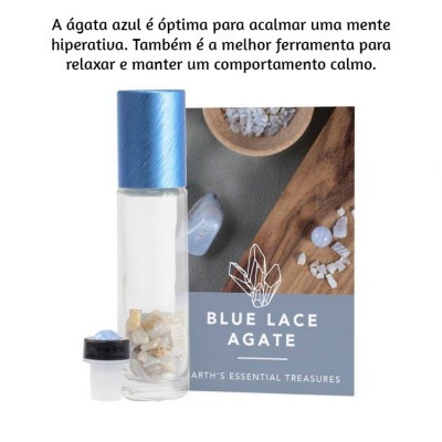 Frasco com pedras, tampa azul e cartão azul com texto BLUE LACE AGATE