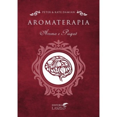 Capa de livro vermelho com ornamento e texto branco sobre aromaterapia.