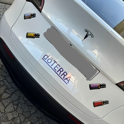 Carro Tesla branco com garrafas decorativas e placa 'dōTERRA' na traseira