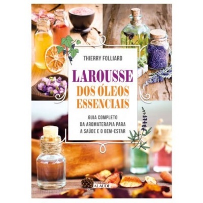 Capa de livro sobre óleos essenciais com garrafas de vidro, ervas e flores secas coloridas