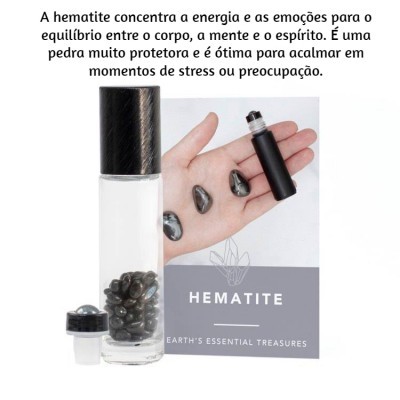 Frasco com pedras de hematite e cartão explicativo com texto em português e inglês
