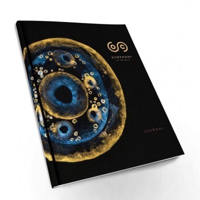 Caderno preto com design azul e dourado e texto Symphony by the Ocean Journal