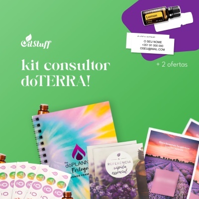 Kit consultor doTERRA com frasco de óleo, cadernos coloridos e cartões promocionais num fundo verde
