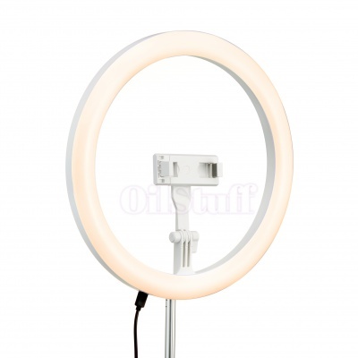 Anel de luz LED circular branco com suporte para telemóvel e cabo preto