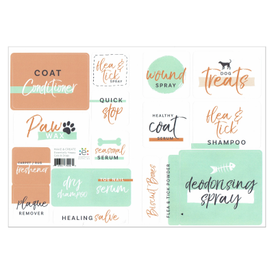 Etiquetas variadas para produtos de cuidado animal, com texto em verde, laranja e preto