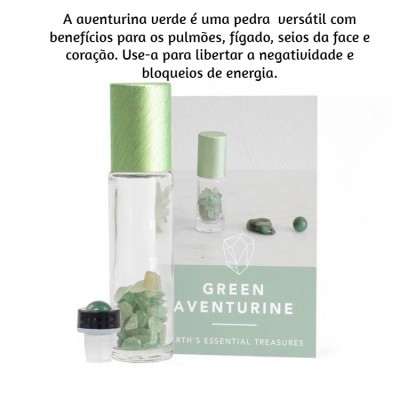 Frasco com pedras verdes de aventurina e cartão explicativo