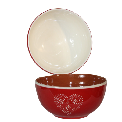 Conjunto de duas tigelas cerâmicas, uma creme e outra vermelha com decoração coração