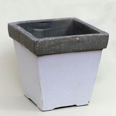 Vaso quadrado branco com borda cinza texturizada em cerâmica