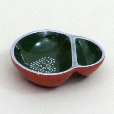 Taça de cerâmica dupla em laranja e verde com padrão branco