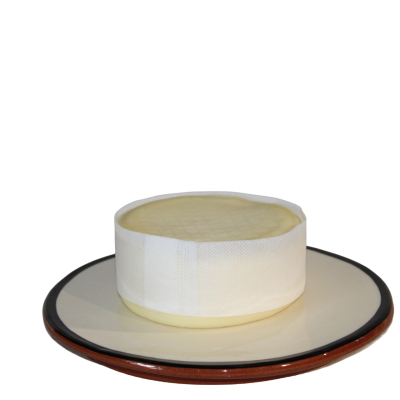 Queijo redondo creme com faixa branca num prato branco com borda preta e castanha