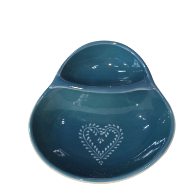 Tigela dupla azul com padrão de coração branco