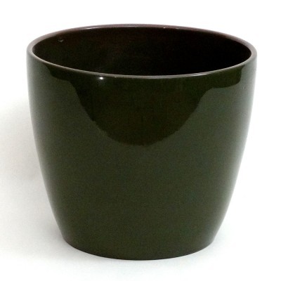 Vaso de cerâmica preto com acabamento brilhante e formato arredondado.