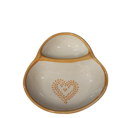 Prato cerâmico duplo creme com bordas castanho e coração decorativo