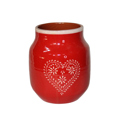 Jarro de cerâmica vermelho com coração branco decorativo
