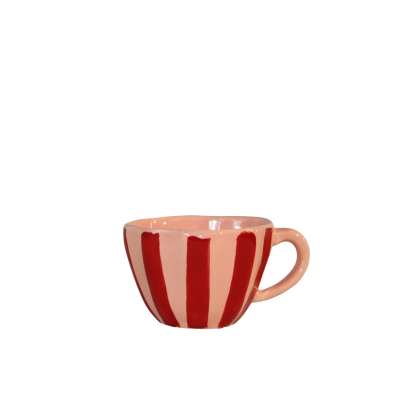 Caneca de cerâmica com listras vermelhas e creme