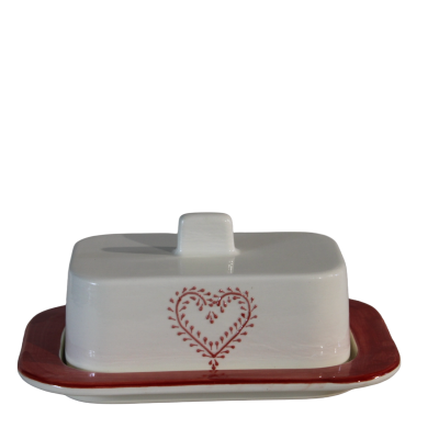 Pote de cerâmica branco para manteiga com decoração em coração vermelho e base vermelha.