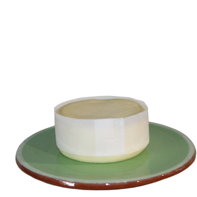 Queijo redondo branco em prato verde com borda castanha
