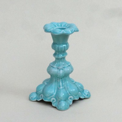 Castiçal azul turquesa em cerâmica com base decorativa