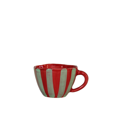 Caneca de cerâmica listrada vermelha e verde
