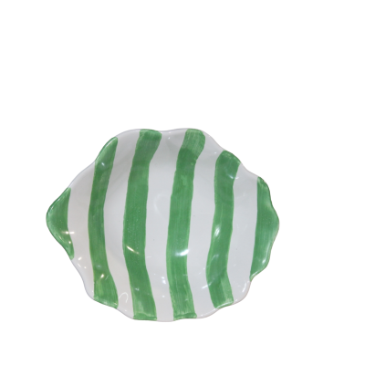 Prato de cerâmica com listras verdes e fundo branco