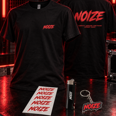 Conjunto de merchandising com t-shirts, isqueiro, porta-chaves e autocolantes NOIZE em vermelho e branco sobre fundo preto.