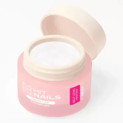 Frasco rosa aberto de gel construtor de unhas HIT NAILS com texto no rótulo