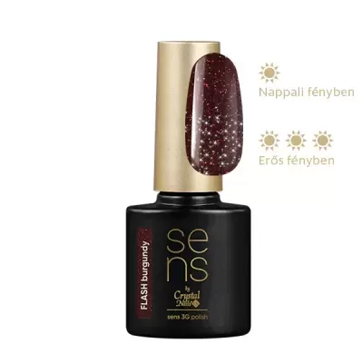 Frasco de verniz de unhas preto com tampa dourada e amostra de cor vinho com glitter