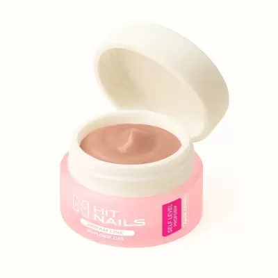 Frasco rosa de gel construtor para unhas com tampa branca aberta e gel castanho-claro visível