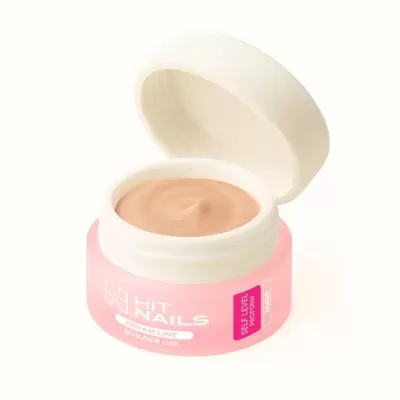 Frasco rosa aberto de gel para unhas nude com tampa branca