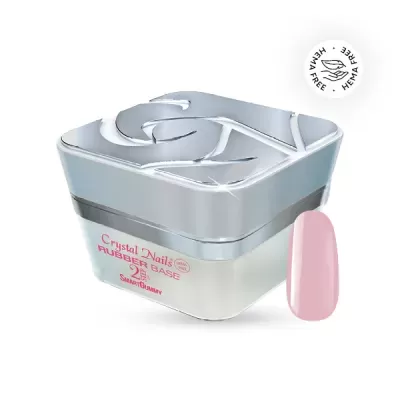 Base de unhas Crystal Nails Rubber Base com tampa prateada e amostra de unha rosa