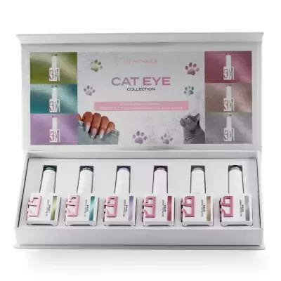 Caixa aberta com seis esmaltes em gel coloridos da coleção Cat Eye da HIT NAILS