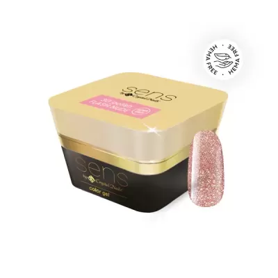 Pote de gel para unhas dourado e preto com amostra de cor rosa brilhante com glitter