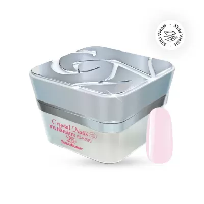 Frasco quadrado prateado e transparente de base para unhas Crystal Nails Rubber Base com texto em vermelho e amostra rosa