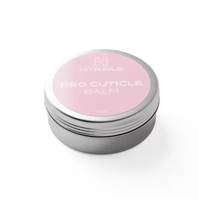 Frasco metálico prateado com rótulo rosa HITNAILS PRO CUTICLE BALM