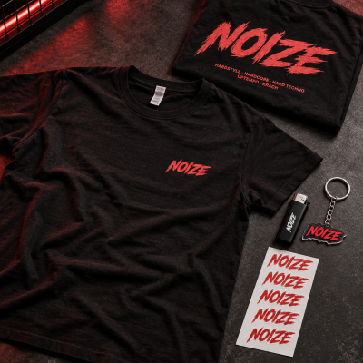 Conjunto de t-shirts pretas com estampagem vermelha NOIZE e acessórios