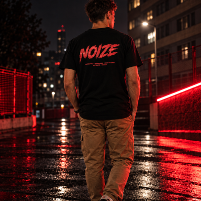 Homem de costas a usar t-shirt preta com texto vermelho NOIZE, calças cargo bege e sapatilhas, rua à noite iluminada de vermelho.