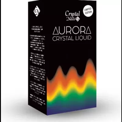 Embalagem preta Aurora Crystal Liquid com design colorido e texto em branco
