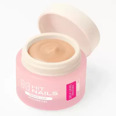 Frasco rosa com gel construtor de unhas nude e tampa aberta