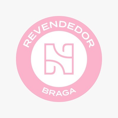 Selo redondo rosa e branco com texto REVENDEDOR BRAGA